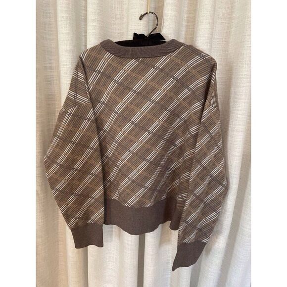 Ann Taylor Brown/Taupe Long Sleeves Jacquard Striped Plaid Knit Sweater Size XXL - Picture 2 of 7